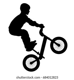 Children's balance bicycle, child performs a trick on a bike, silhouette vector