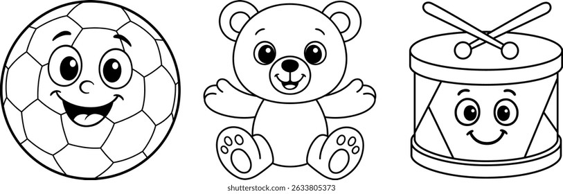 Children's ball, teddy bear, and drum coloring set, cartoon vector illustration for kids in toys theme