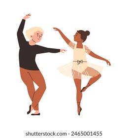 Children's ballet studio vector set. Illustrative duo in flat style, boy and girl practicing traditional ballet moves. Isolated, conveying the essence of ballet.