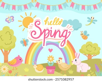 Children's banner or card spring landscape or scene with field and cute animals, children's style