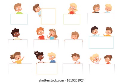 Childrens with banners. Kids holding blank white frames happy boys and girls vector cartoon characters