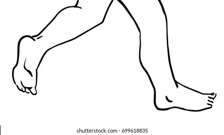 Children's bare feet running black and white vector sketch, simple drawing