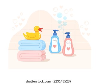 Children's bath accessories on background of tiles and soap bubbles. Baby care. Yellow rubber duck, color towels and shampoo bottles on bathroom countertop. Vector illustration in flat style.