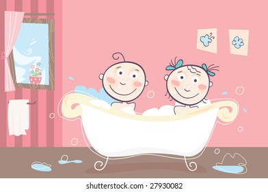 Children's bath. Vector illustration of boy and girl taking bath.