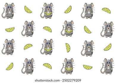 Children's bed linen print design with cute mouse and cheese. Rat seamless pattern isolated white background. Flat vector aesthetic wall decor fabric print template. EPS 10
