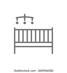 Childrens bed with rattles grey icon. Isolated on white background