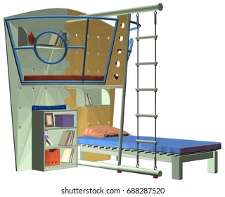 Childrens Bedroom Bed With Work Space Vector 02