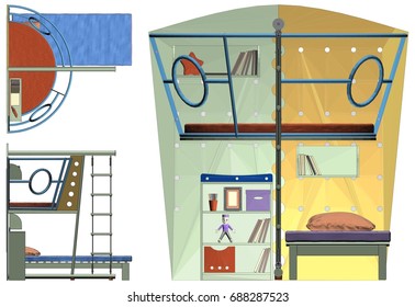 Childrens Bedroom Bed With Work Space Vector 01