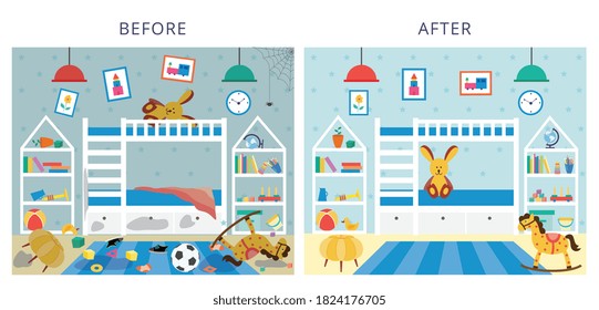 Childrens Bedroom Before And After Cleaning, Flat Cartoon Vector Illustration. Comparison Of Dirty Messy Room And Premise After Tidying Up For Cleaning Services Ad.