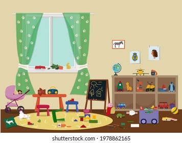 The children's bedroom before cleaning, the mess in the playroom, the disorganized room for the child, littered with toys.  Cartoon vector illustration.