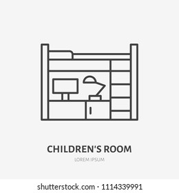 Childrens bedroom flat line icon. Apartment furniture sign, vector illustration of bunk bed with table. Thin linear logo for interior store.