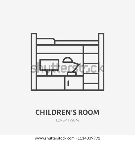 Childrens bedroom flat line icon. Apartment furniture sign, vector illustration of bunk bed with table. Thin linear logo for interior store.