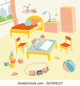 Children's bedroom interior with furniture and toys. Kids playroom in flat style. Hand drawn cartoon illustration on white background. Baby shower design elements.