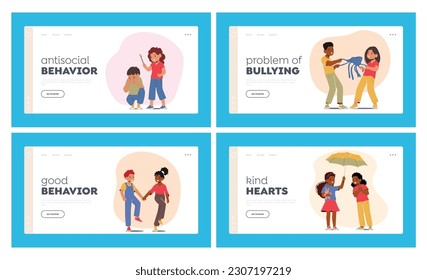 Children's Behavior Landing Page Template Set. Characters Sharing Toy, Helping Others, Playing Nicely Vs Tantrums, Fighting, Not Sharing, Not Following Rules. Cartoon People Vector Illustration