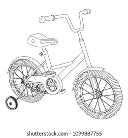 Children's Bicycle With Detachable Training Wheels, Outline Vector Illustration On White Background