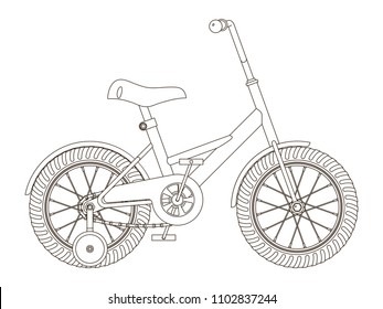 Children's Bicycle With Detachable Training Wheels, Outline Vector Illustration On White Background, Side View