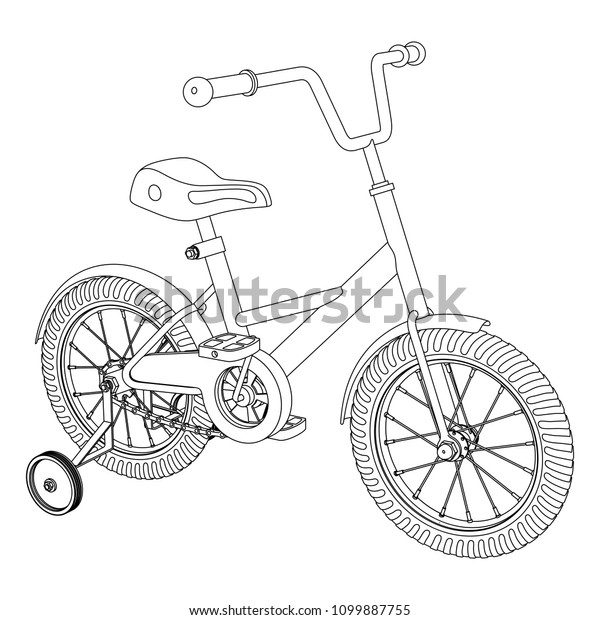 Children\'s bicycle with\
detachable training wheels, outline vector illustration on white\
background