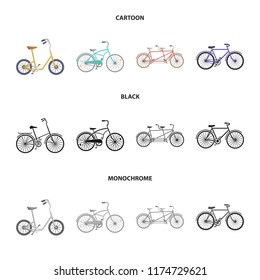 Children's bicycle, a double tandem and other types.Different bicycles set collection icons in cartoon,black,monochrome style vector symbol stock illustration web.