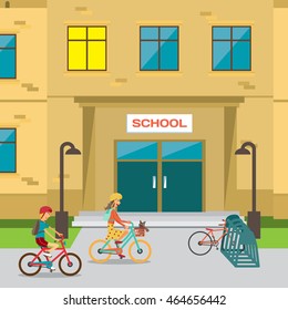 Children's bicycle parking near the school. Boy and girl going to lessons. Vector flat cartoon illustration