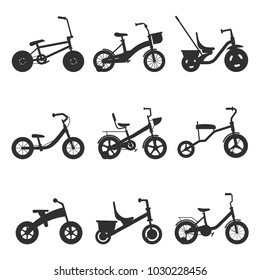 Childrens bicycles silhouettes. Selection of kids bikes, scooters, balance bikes, and tricycles for pre-school children fun. Vector flat style cartoon illustration isolated on white background