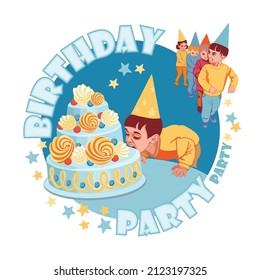 Children's birthday, a boy in a cap bites a cake, a group of children dance. Poster for organizers of children's parties, birthday party invitations.