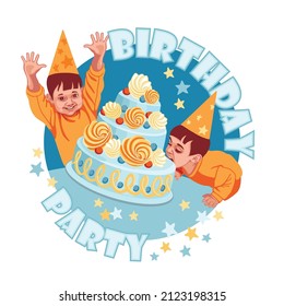 Children's birthday, a boy in a cap bites a cake, the boy rejoices raising his hands up. Poster for organizers of children's parties, birthday party invitations.