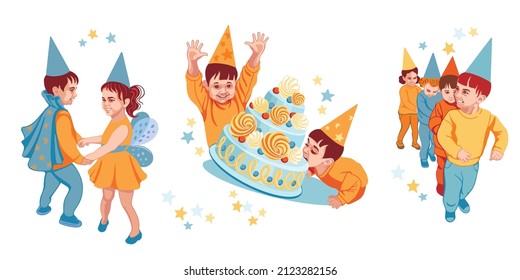 Cumpleaños de los niños, un chico con una gorra muerde un pastel, el niño se regocija con las manos arriba, los niños bailan, se regocijan. Afiche para organizadores de fiestas infantiles, invitaciones para fiestas de cumpleaños.