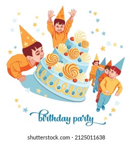 Children's birthday, a boy in a cap bites a cake, the boy rejoices with his hands up, the children dance, rejoice. Poster for organizers of children's parties, birthday party invitations.