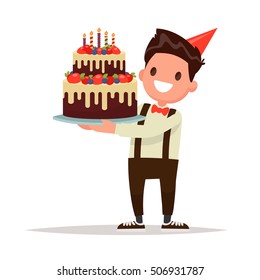 Children's birthday.  Boy holding a large cake. Vector illustration in a flat style