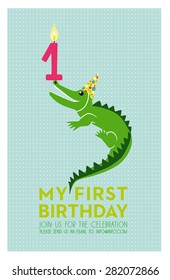 Children's Birthday card. Crocodile balancing a candle with his nose on dotted background. Vector and illustration design.