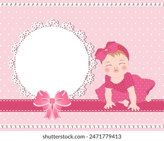 Children's birthday card with a cute baby girl and a lace template with a bow for text. Design for newborns. Illustration