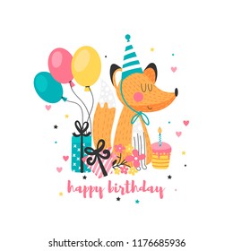 Childrens birthday card with cute fox, balloons and flowers on white background Vector illustration.