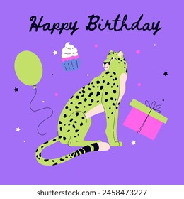 Children's birthday card. Cute vector illustration of a cheetah in green color next to a gift, balloon and cupcake on a purple background for holiday greetings.