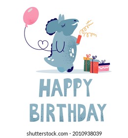 Children's birthday card with a dinosaur. A happy dinosaur with a balloon and gifts. Clipart on a white background. A festive inscription in a children's style.