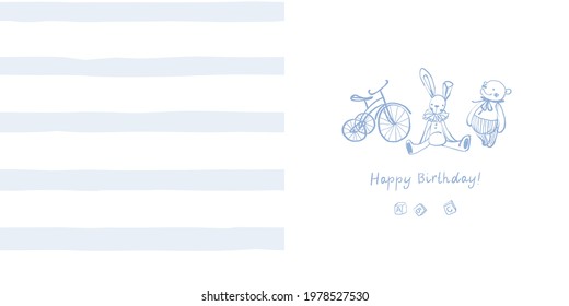 Children's birthday card with hand-drawn toys. A seamless pattern of wide horizontal blue stripes on a white background. Cute baby style. Soft blue color. Stock vector illustration.