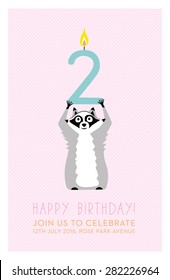 Children's Birthday card invitation with a Raccoon holding up a candle. Vector and illustration design.
