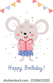 Children's birthday card or poster. Mouse holding a gift. Confetti.