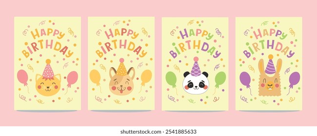 Childrens birthday card set. Birthday cards with cute animals with party hats and balloons. Vector illustration template