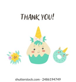 Childrens birthday card template. Celebration design for anniversary. Cute sweet food with gift.