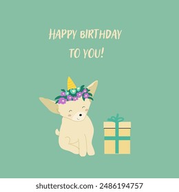 Childrens birthday card template. Celebration design for anniversary. Cute animal with gift.