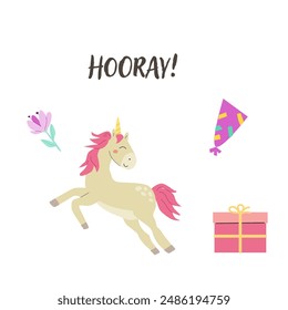 Childrens birthday card template. Celebration design for anniversary. Cute animal with gift.