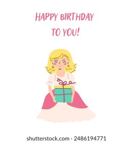 Childrens birthday card template. Celebration design for anniversary. Cute princess with gift.