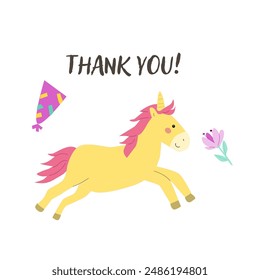 Childrens birthday card template. Celebration design for anniversary. Cute animal with gift.