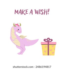 Childrens birthday card template. Celebration design for anniversary. Cute animal with gift.