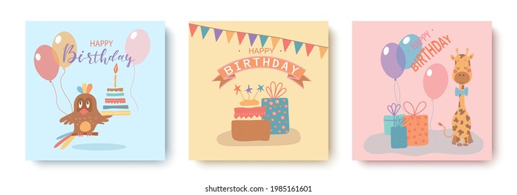 Children's birthday cards.Cute animals, balloons, gifts, cake, candles.Vector illustration.