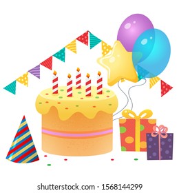 Children's birthday. Color image of holiday cake with gifts and balloons on white background. Festive invitation. Vector illustration for kids.