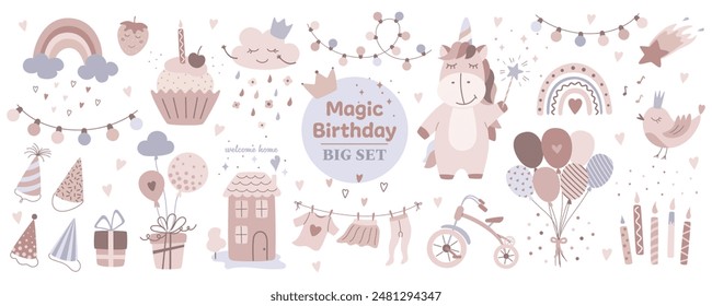 Children's birthday elements set in cartoon design. Festive birthday elements collection in flat style. Vector illustration.
