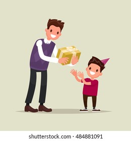 Children's birthday. The father gives his son a gift for his birthday. Vector illustration of a flat design.