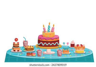 Children's birthday. Festive table with cake and sweets on a white background. Happy birthday illustration in cartoon style