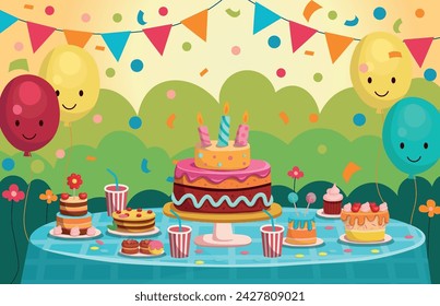 Cumpleaños de los niños. Mesa festiva con tarta y dulces. Ilustración de cumpleaños feliz en estilo de dibujos animados